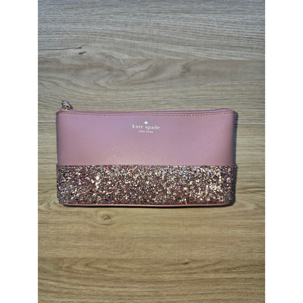 KATE SPADE New York Greta Court Glitter Cosmetic Bag Pink Sparkling w/Pocket